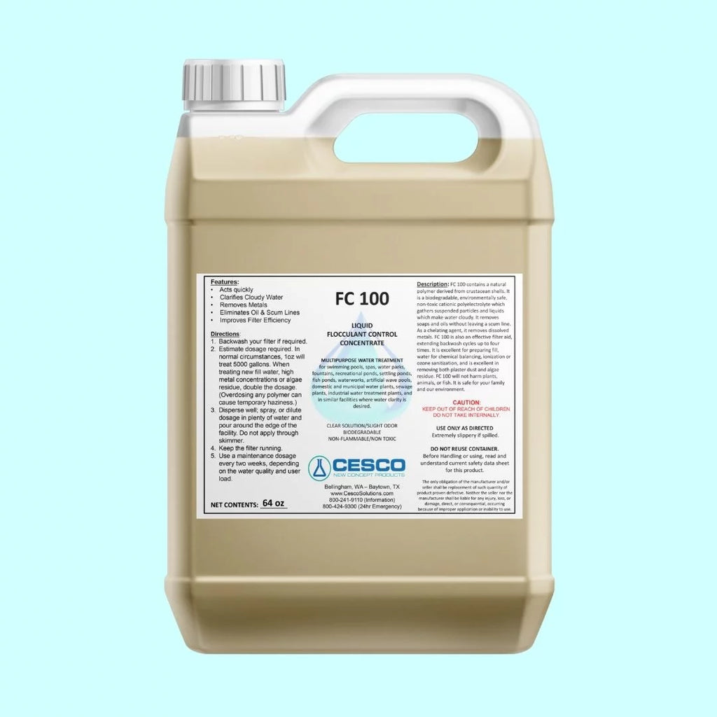 Cesco Solutions FC-100 Flocculant Clarifier - Concentrated aqua Cleaning Liquid for Swimming Pool, Pond, Spa - Non-Toxic Pool Chemicals - Eco-Friendly, Safe Pool Supplies  - 64 Oz