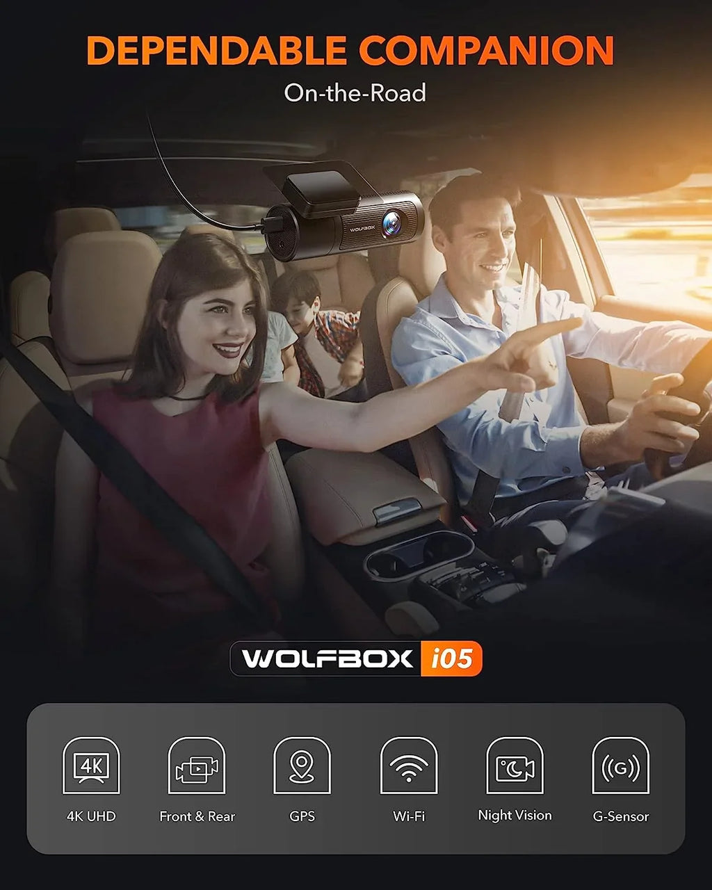 WOLFBOX Dash Cam Front and Rear, 4K UHD Front and 1080P Rear DashCam with GPS & WiFi, Car Dashcam with Night Vision, WDR, Free 32G Card, Loop Recording