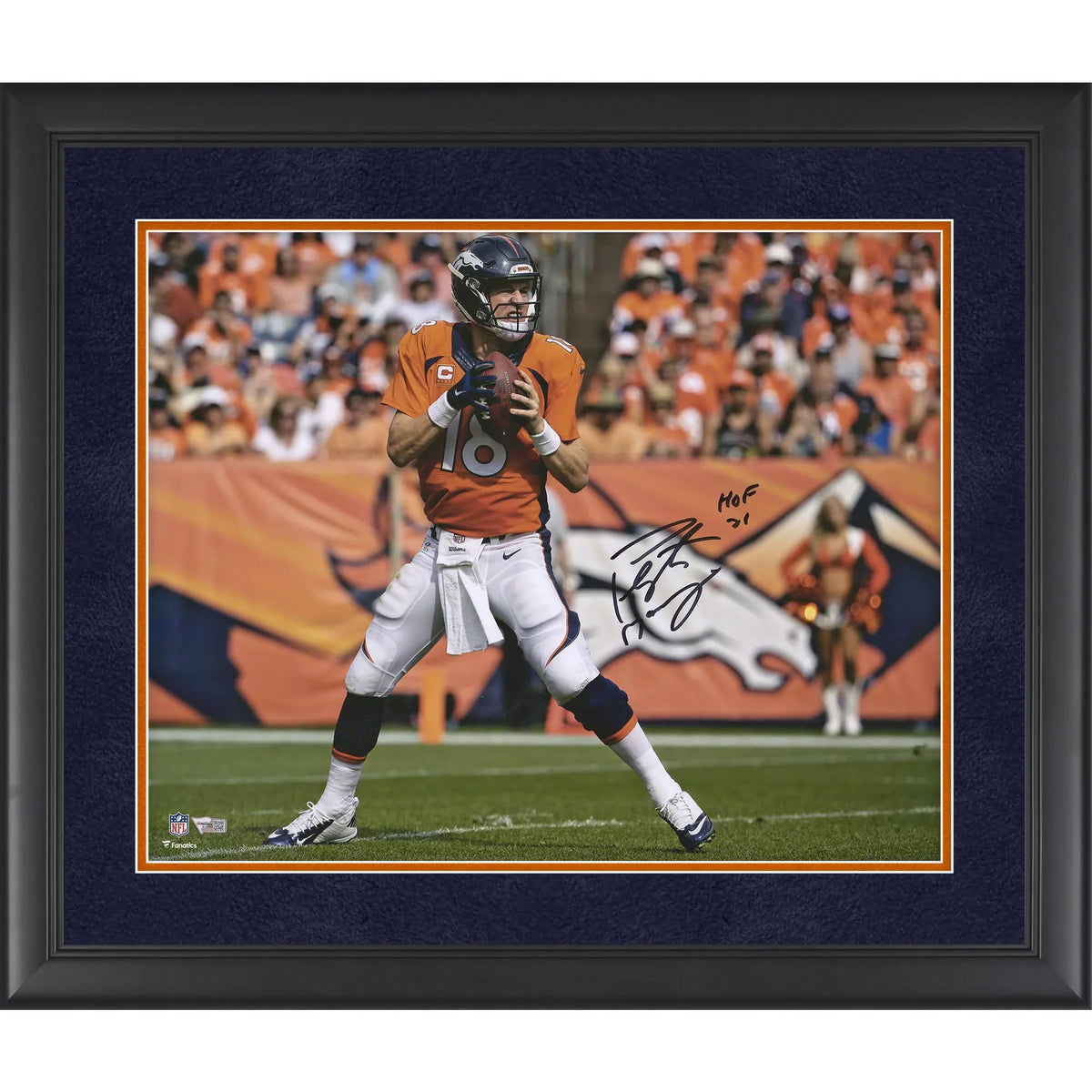 Peyton Manning Denver Broncos Deluxe Framed Autographed 16" x 20" Action Photograph with "HOF 21" Inscription - Fanatics Authentic Certified