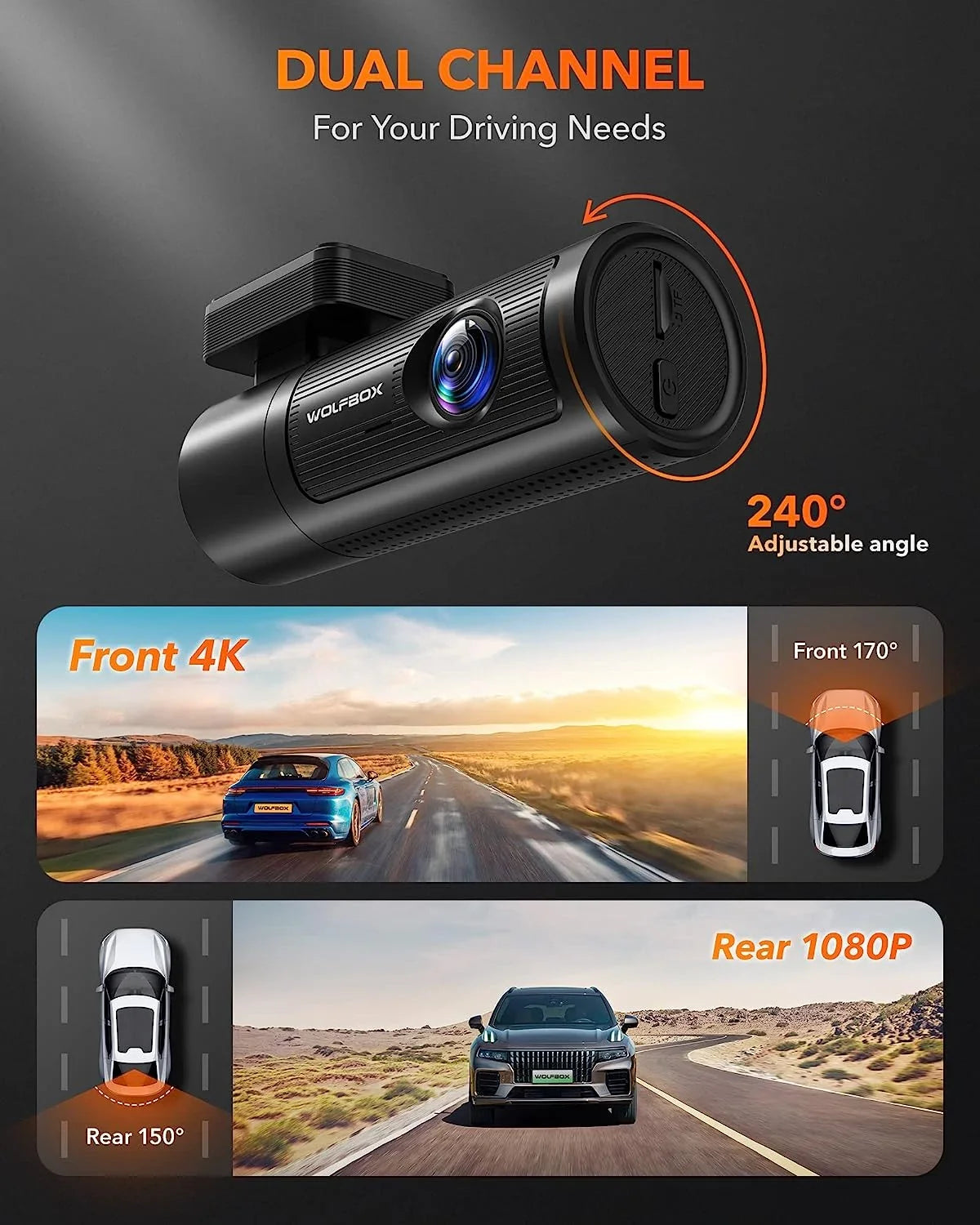 WOLFBOX Dash Cam Front and Rear, 4K UHD Front and 1080P Rear DashCam with GPS & WiFi, Car Dashcam with Night Vision, WDR, Free 32G Card, Loop Recording
