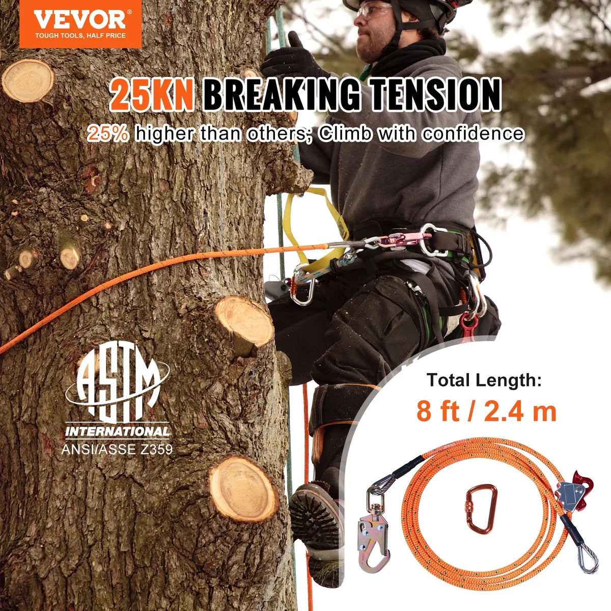 BENTISM Steel Core flipline, 1/2" x 8' Arborist Flipline, Flip Line for Tree Climbing with Alloy Steel Snap Hook, Aluminum Alloy Carabiner and Extra Tool Lanyard, for Arborist, Tree Climbers