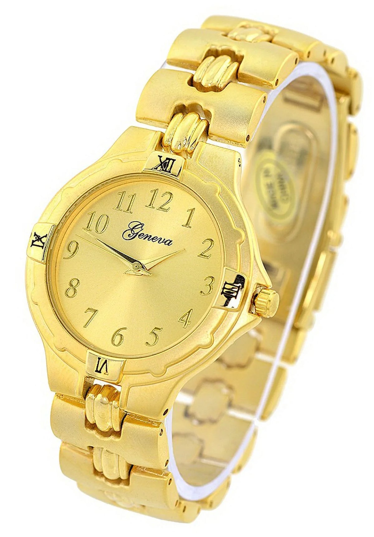 Gold-Tone dial, 17mm wide Gold-tone metal link bracelet fits 7.5 wrists. Ladies Silver-Tone Fashion Desiger Styling watch 38mm 7.5 thick case