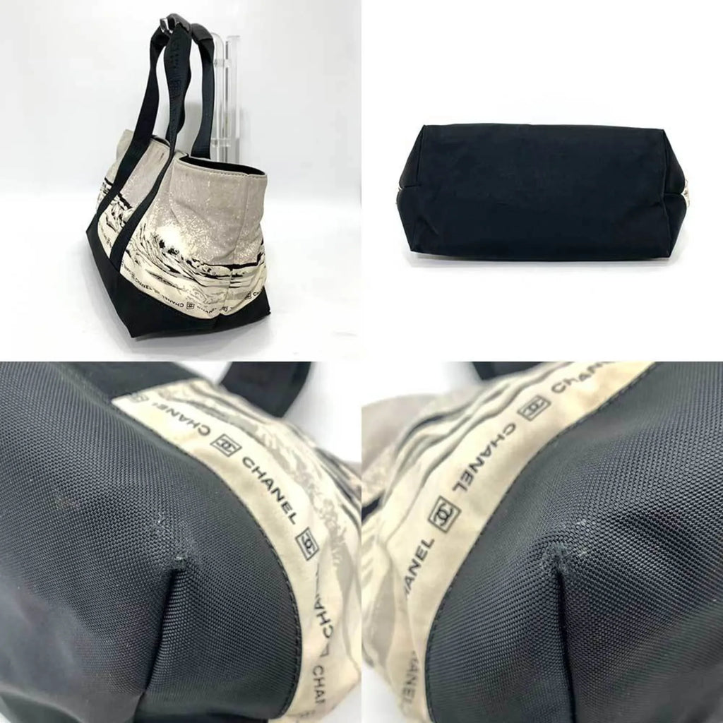 Pre-Owned CHANEL Bag Sports Line High Summer Handbag Black x Gray Tote Horizontal Wave Pattern Ladies Men's Nylon Canvas (Fair)