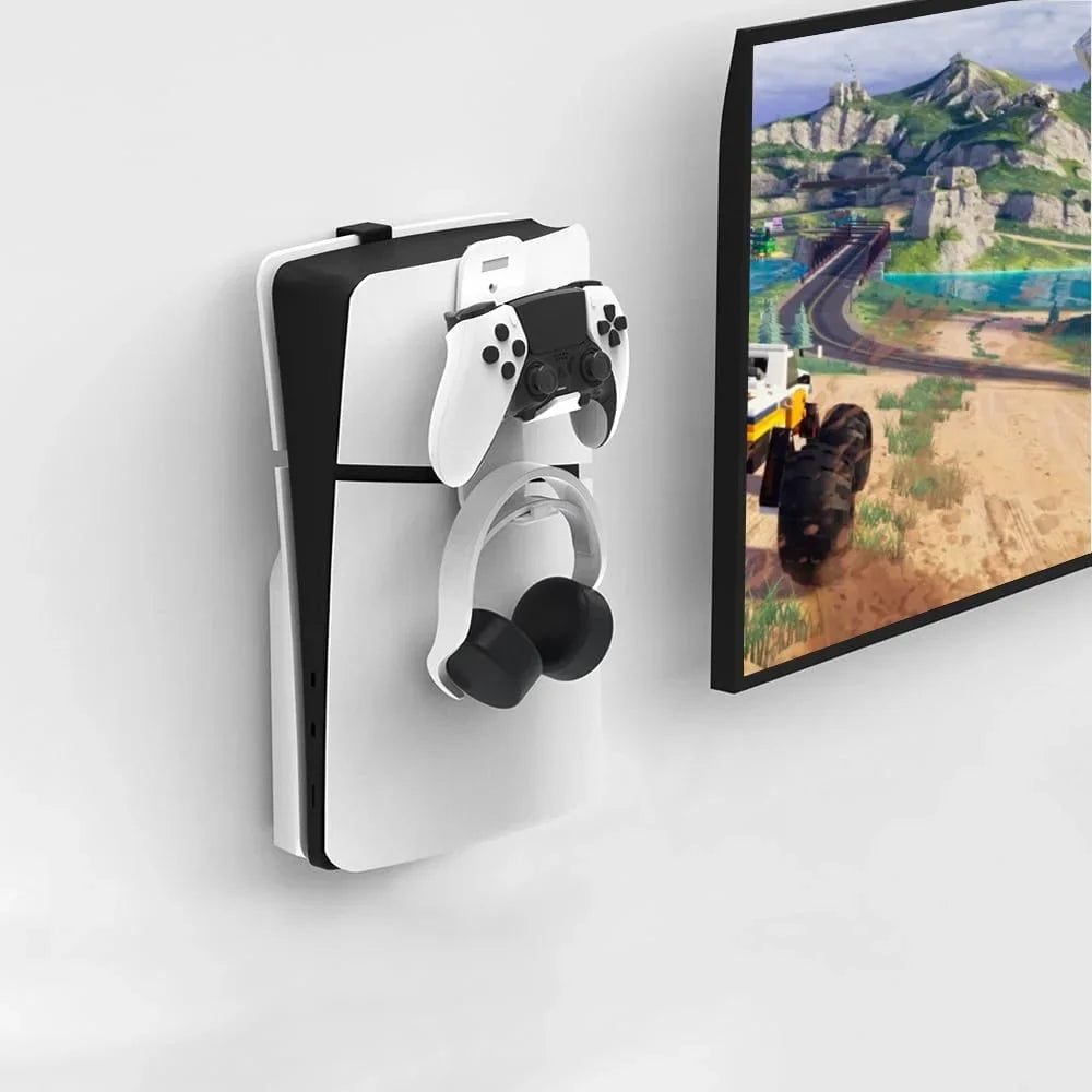 Uberwith Steel Wall Mount Bracket appropriate with PS5 Slim, Stable Metal Wall Hanging Stand for PS5 Slim with Controller Holder & Headphone Hanger,Black