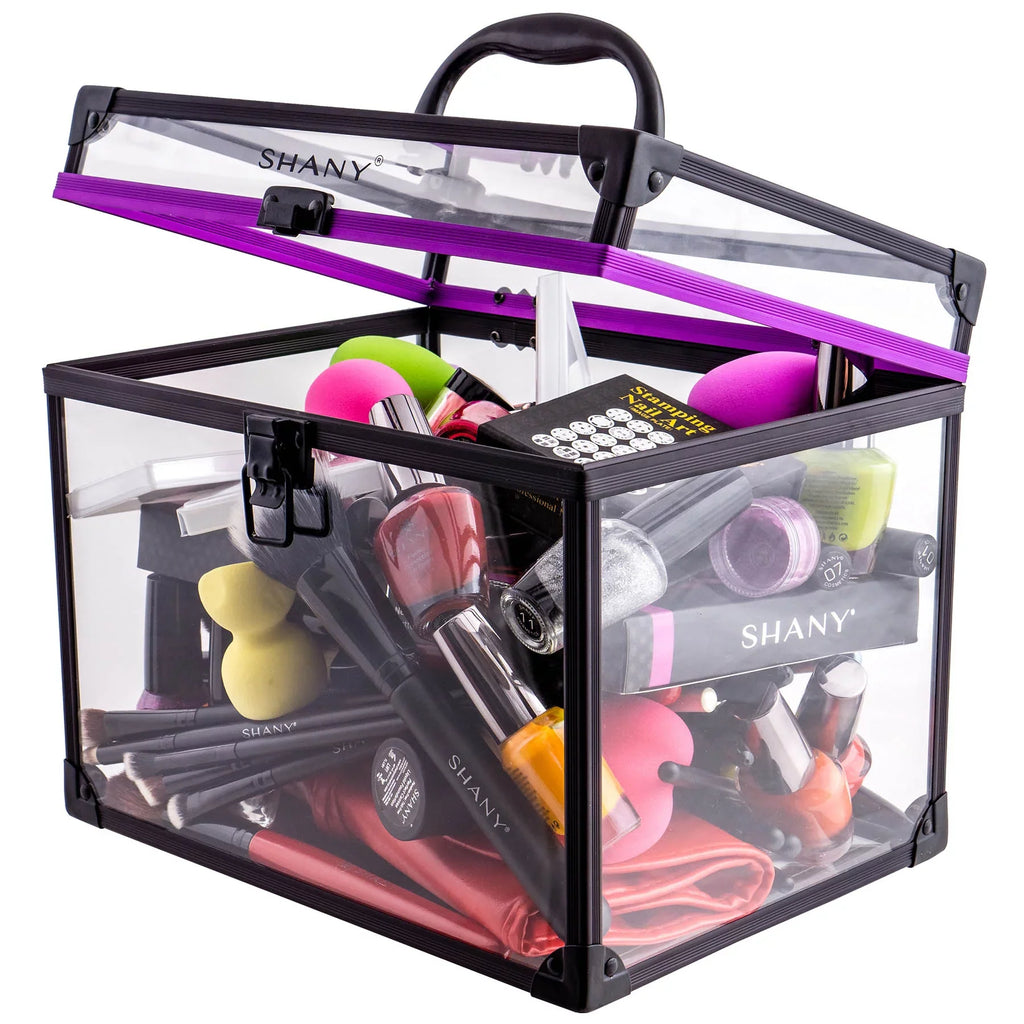 SHANY Clear Cosmetics and Toiletry Train Case - Clear Travel Makeup Bag Case Organizer with Secure Closure and Black/Purple Accents - Extra Large
